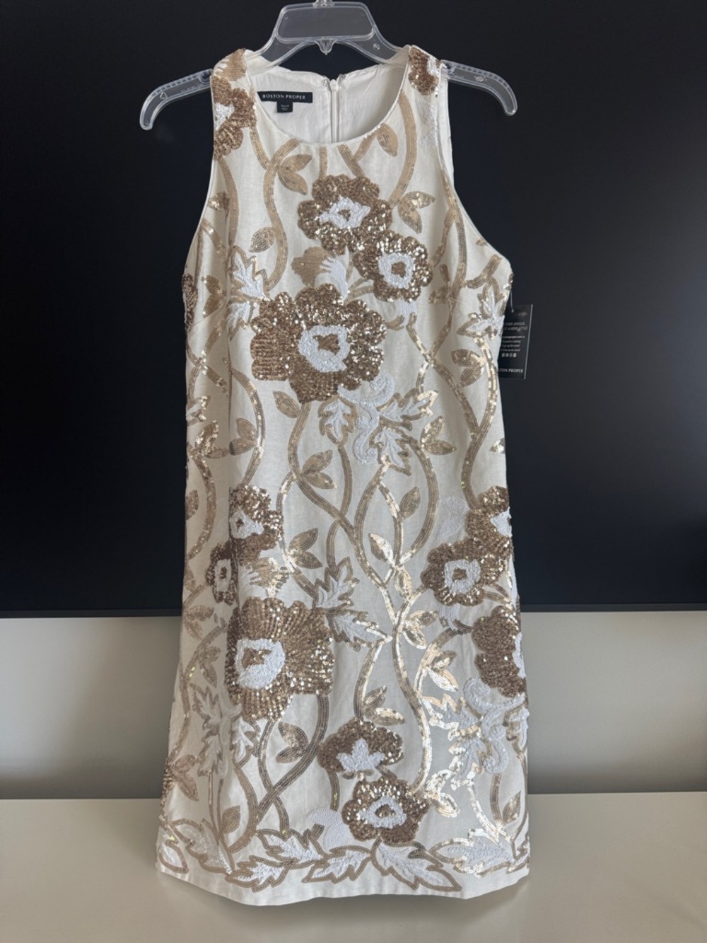 Boston Proper Ivory Dress with Gold Sequin Floral Embroidery